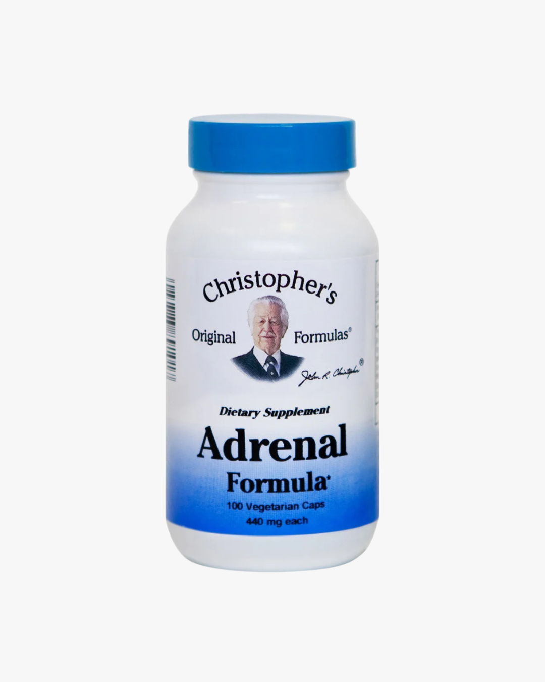 Supplement bottle labeled 'Adrenal Formula' by Christopher's Original Formulas on a white background formulated by Dr. Christopher and sold by Origen Herbs