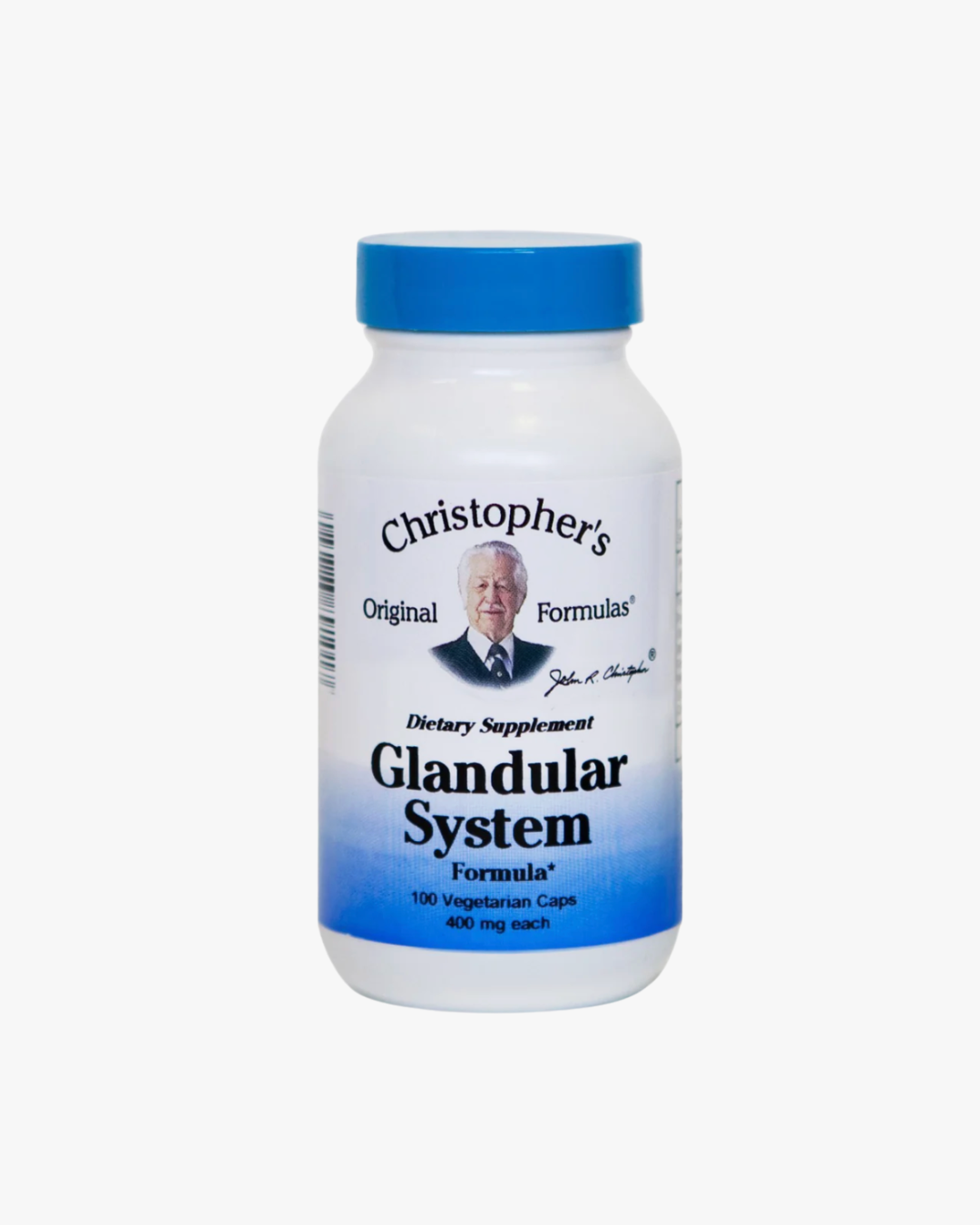 Supplement bottle labeled 'Christopher's Original Formulas' Glandular System on a white background formulated by Dr. Christopher and sold by Origen Herbs
