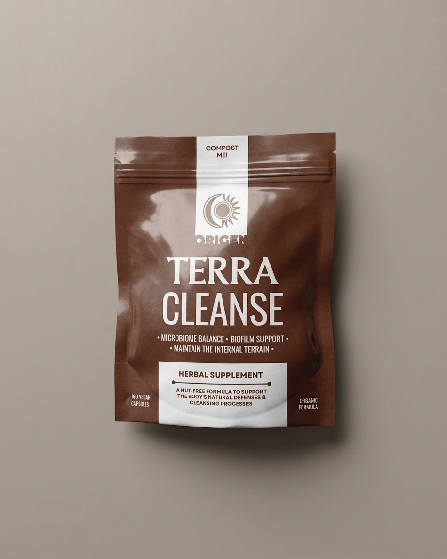 Terra Cleanse by Origen Herbs herbal supplement package on a beige background