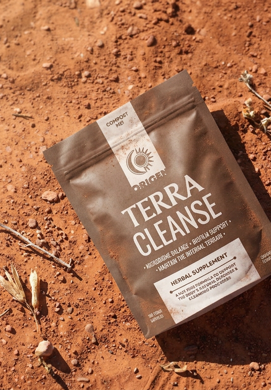 Terra Cleanse by Origen Herbs herbal supplement package on a red dirt background