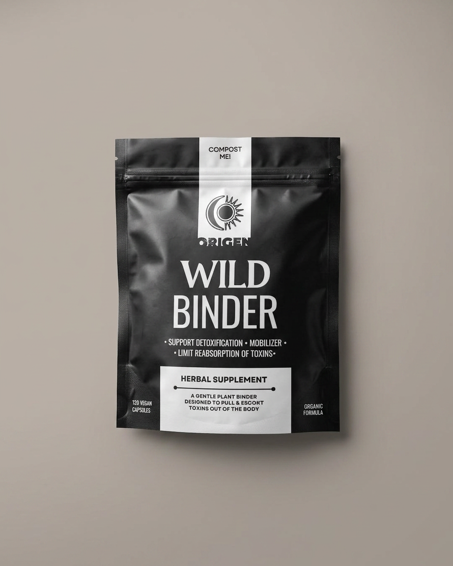 Wild Binder by Origen Herbs herbal supplement package on a beige background
